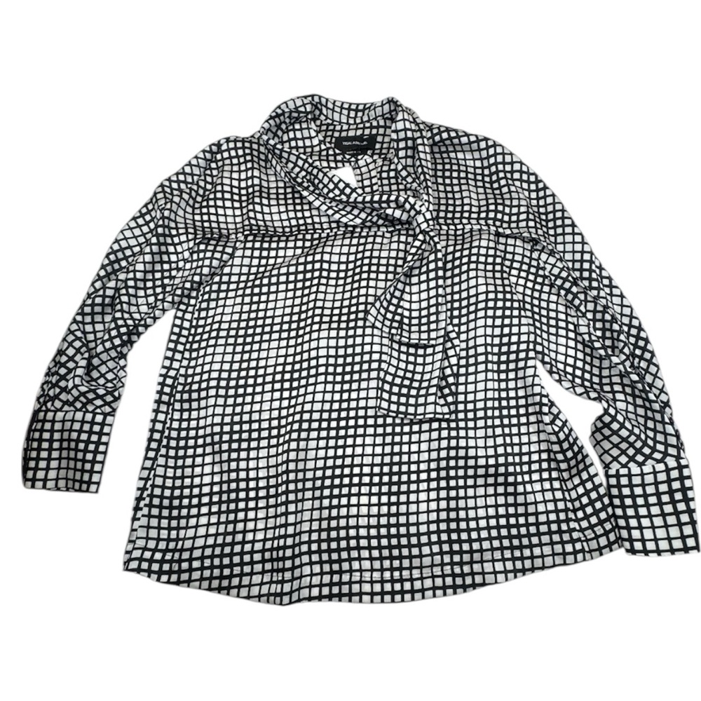 YIGAL AZROUEL Blouse Women’s Size 4 Black White Elegance Tie Neck Casual Relax